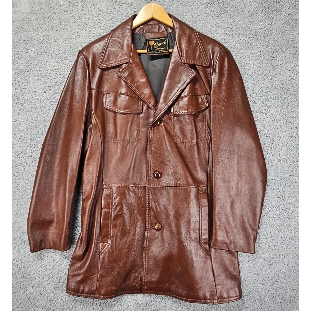 Vintage Reed Sportswear Chestnut Brown Leather Blazer Jacket 42L USA Made 1970s